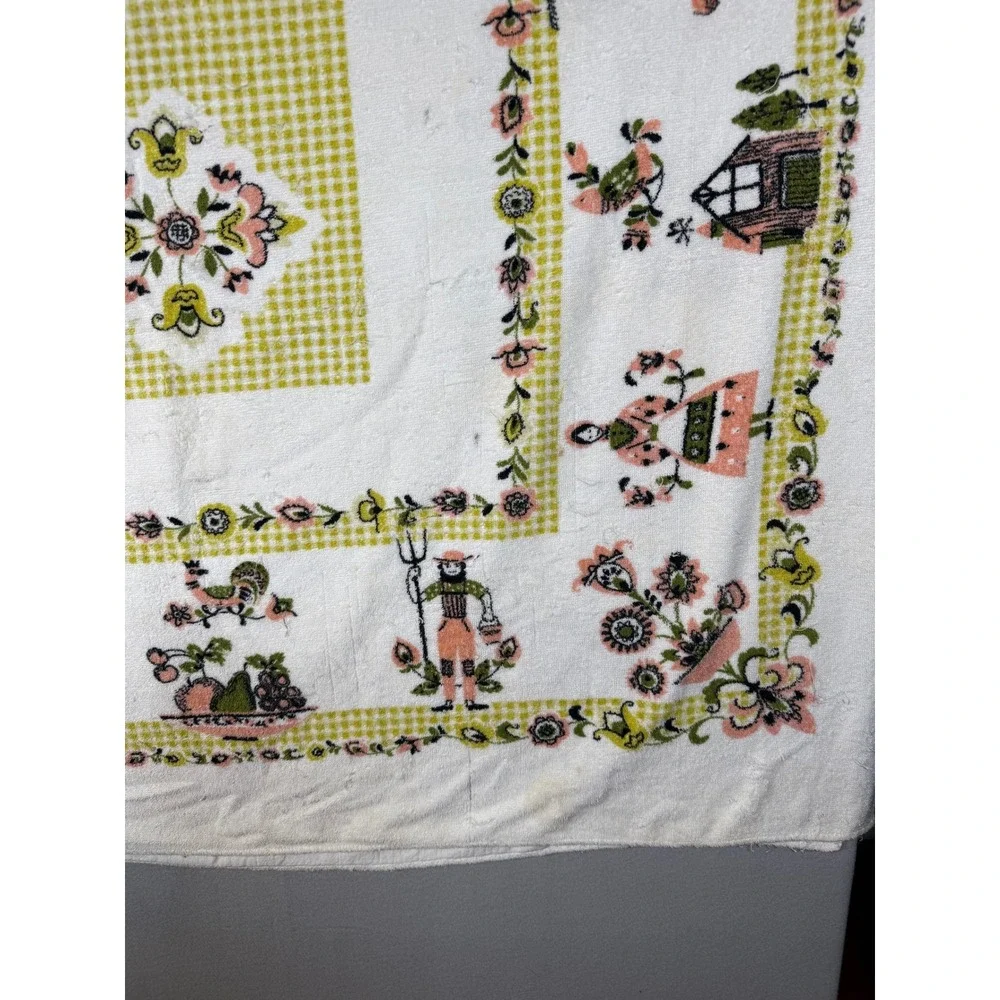VTG Dutch Folk Art Terry Cloth Tablecloth Pink Green Gingham Farmer Rooster 70s